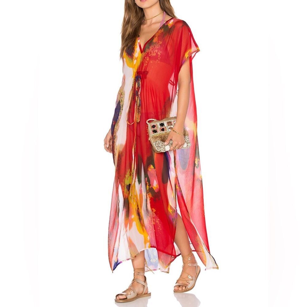 Michael Stars Samba Gardens Sheer Caftan Cover Up Red Multicolor Resort OS NWT